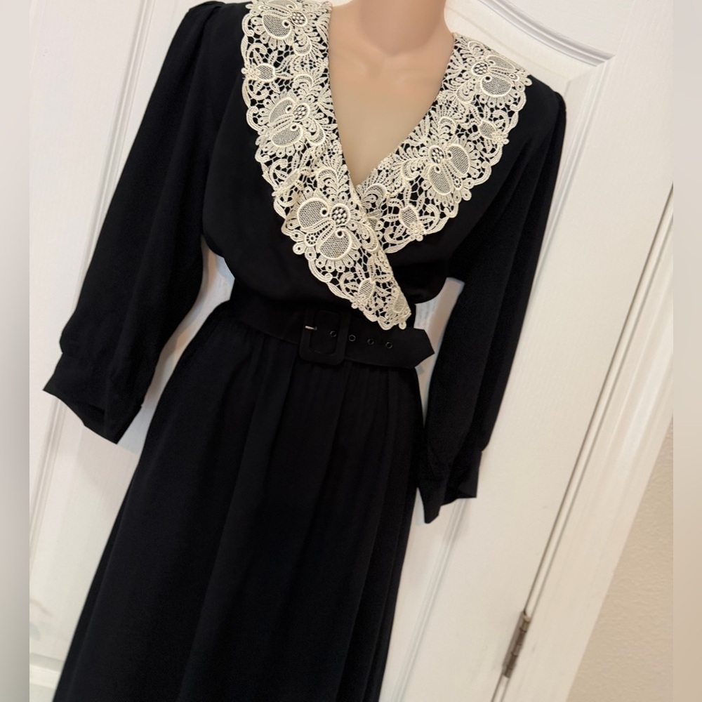 VTG 80s Jane Singer Black Cream Lace Dress Romantic Witchy Whimsygoth Prairie 14 - Picture 6 of 13
